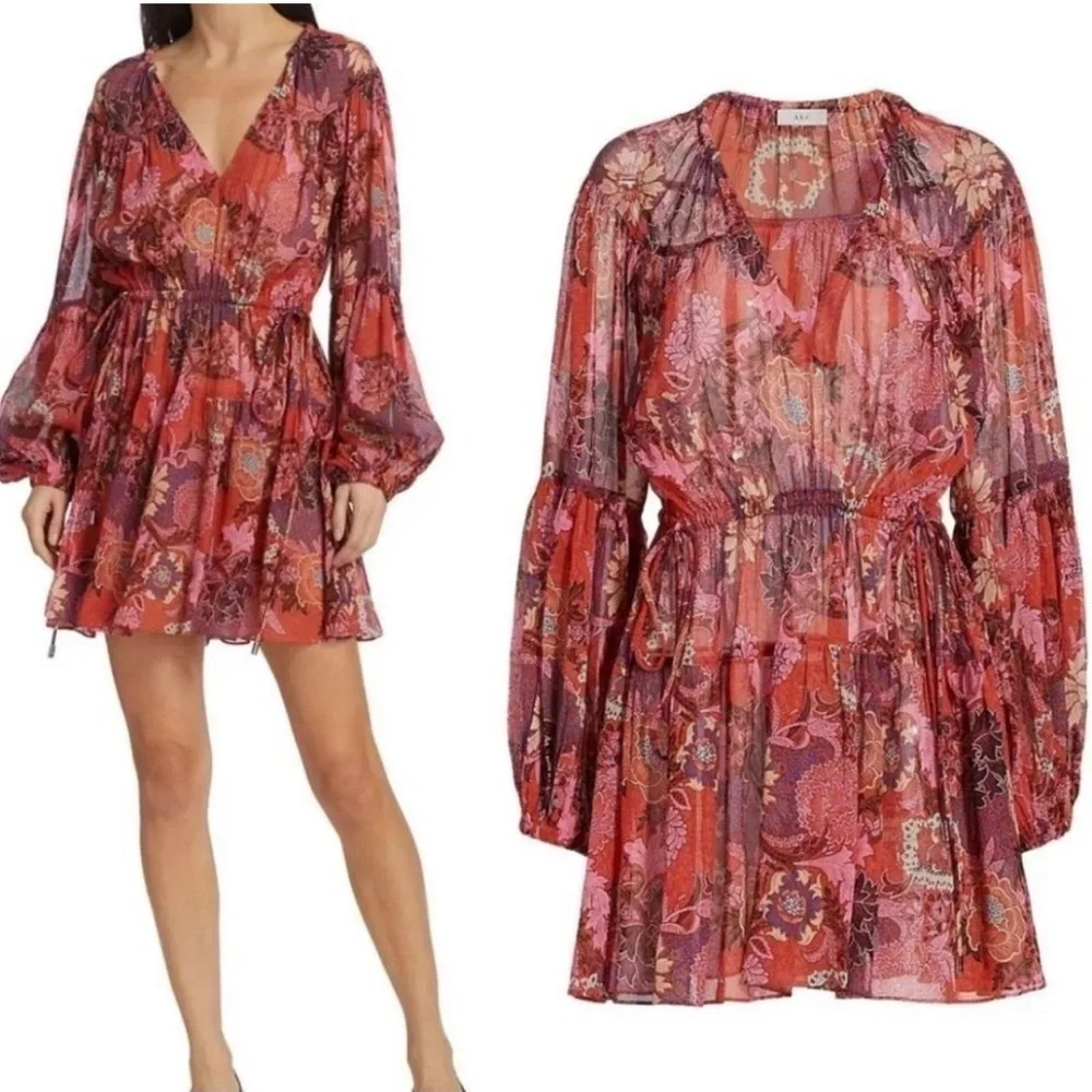 A.L.C. Red Mix Floral V-Neck Long Sleeve Mini Dress size 8 - Picture 1 of 7